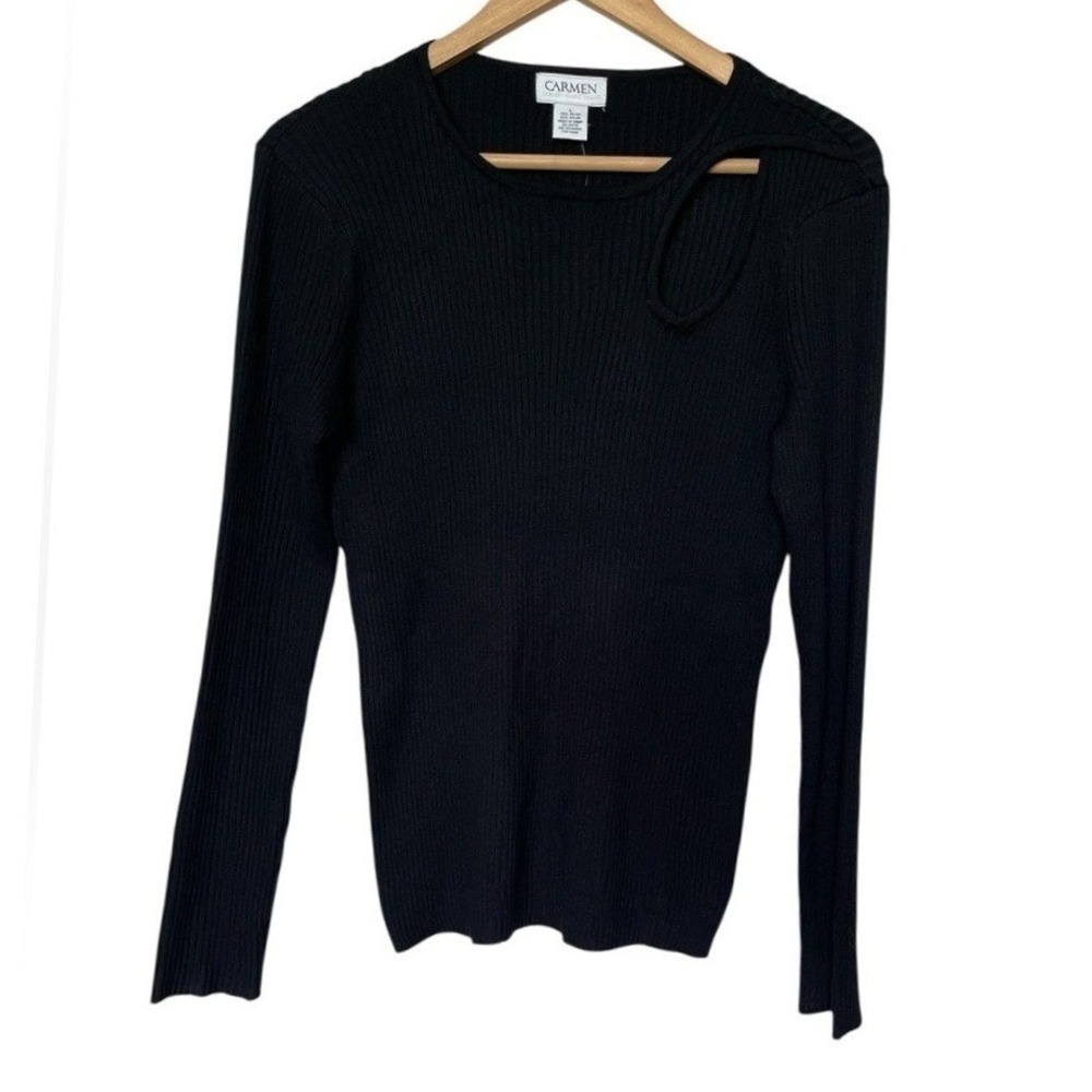Carmen Marc Valvo Top Womens L Ribbed Knit Black Cutout Shoulder NEW